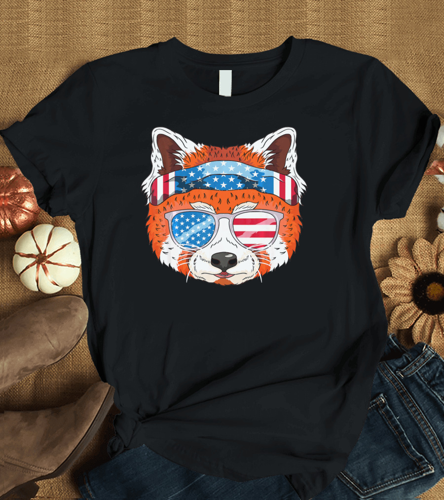 Funny July 4th USA Patriotic Red Panda with American Flag Bandana and Sunglasses T-Shirt