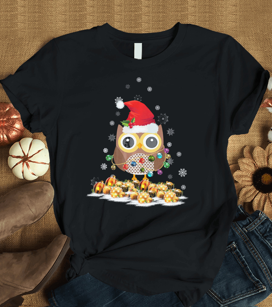 Funny Cute Night Owl Christmas Light Pajamas with Santa Hat and Ornaments T-Shirt