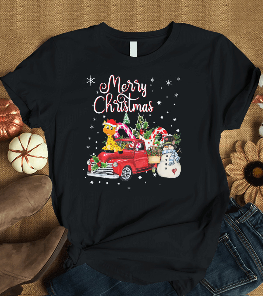 Merry Christmas Giraffe in Red Truck with Candy Canes and Snowman T-Shirt
