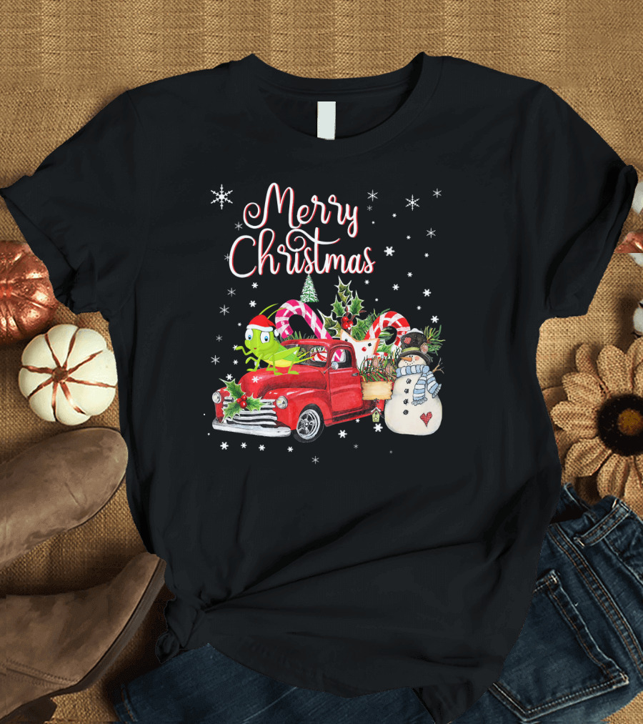 Merry Christmas Grasshopper on Red Truck with Candy Canes and Snowman T-Shirt