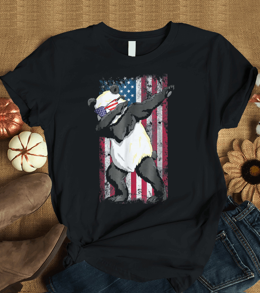 Dabbing Patriotic Panda with American Flag Background T-Shirt