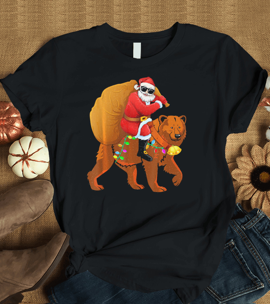 Santa Claus Riding Bear with Sack and Holiday Lights T-Shirt
