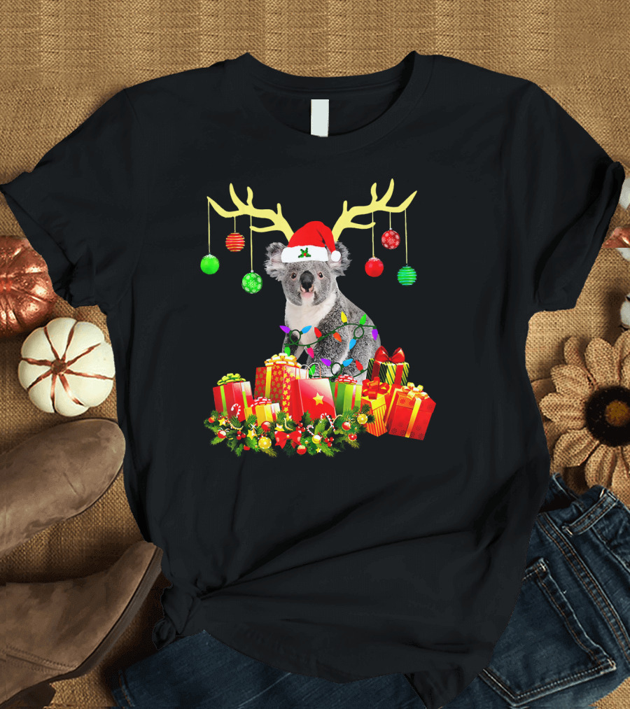 Santa Koala Bear with Antlers and Holiday Gifts T-Shirt