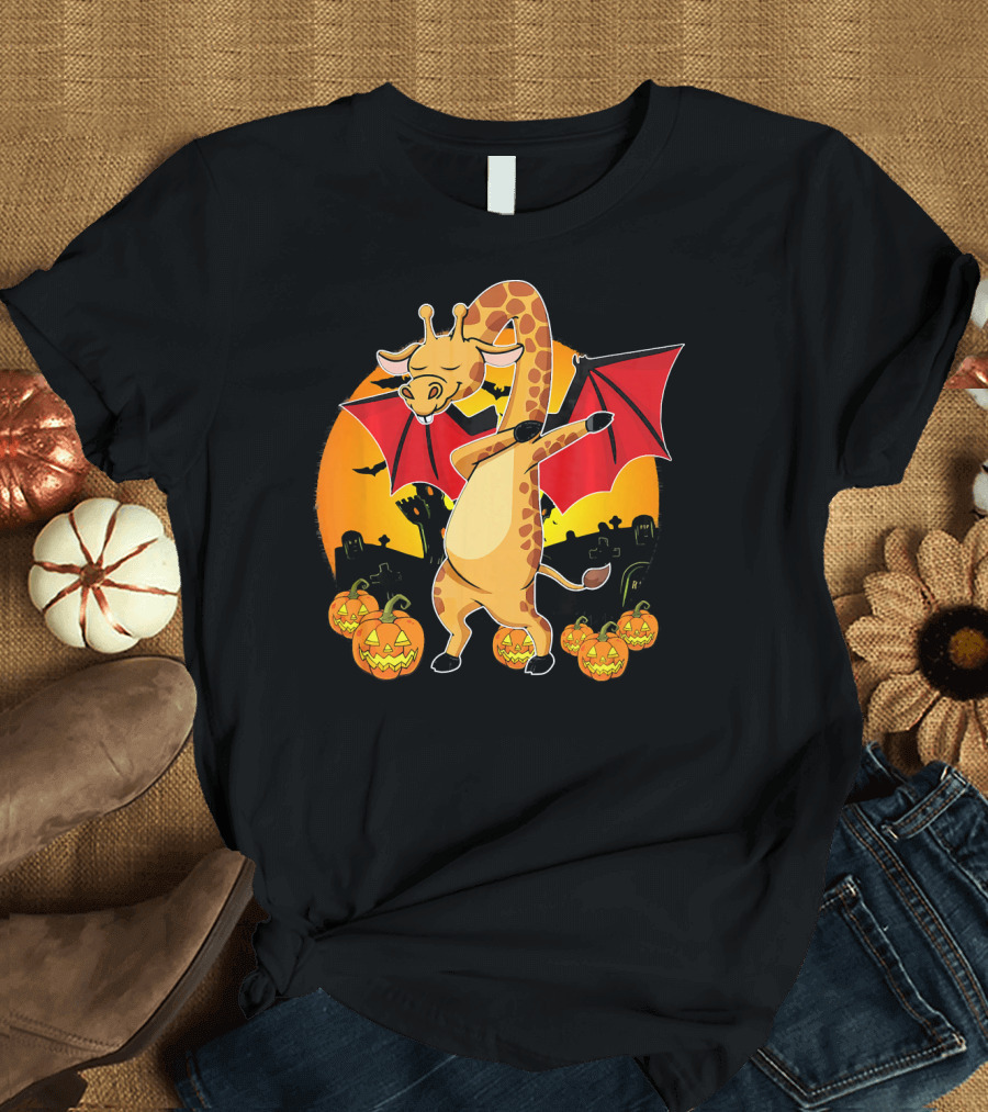 Halloween Dabbing Giraffe with Bat Wings and Pumpkins T-Shirt