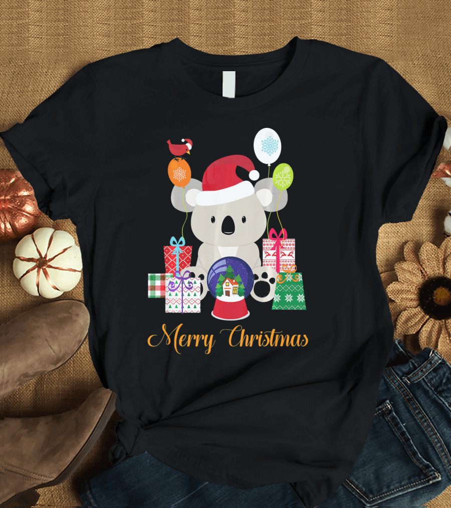 Merry Christmas Koala with Santa Hat and Gifts T-Shirt