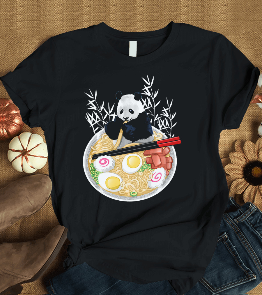 Cute Panda Enjoying Ramen Bowl with Eggs and Bamboo Background T-Shirt