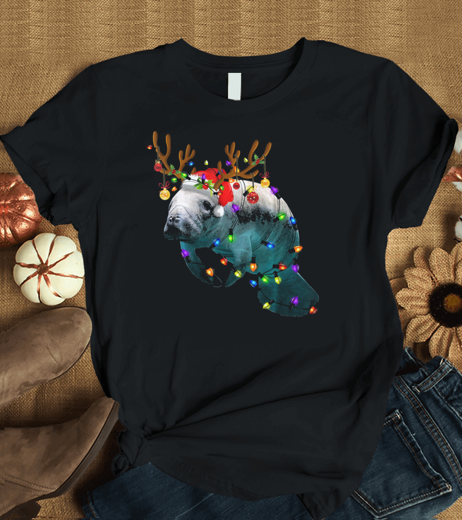 Funny Christmas Manatee with Reindeer Antlers and Lights T-Shirt