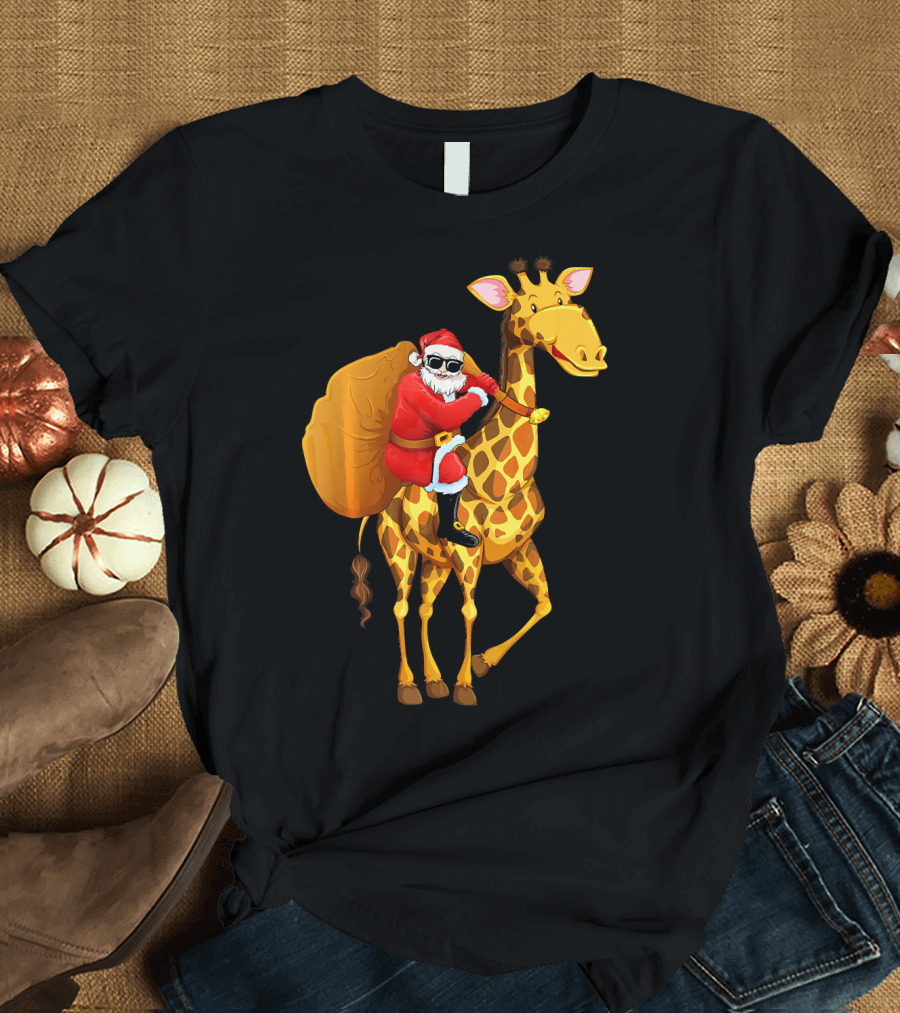 Santa Claus with Sunglasses Riding Giraffe Carrying Gift Sack T-Shirt
