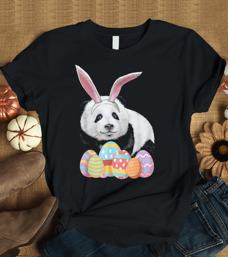 Easter Panda Funny Bunny Ears and Eggs T-Shirt