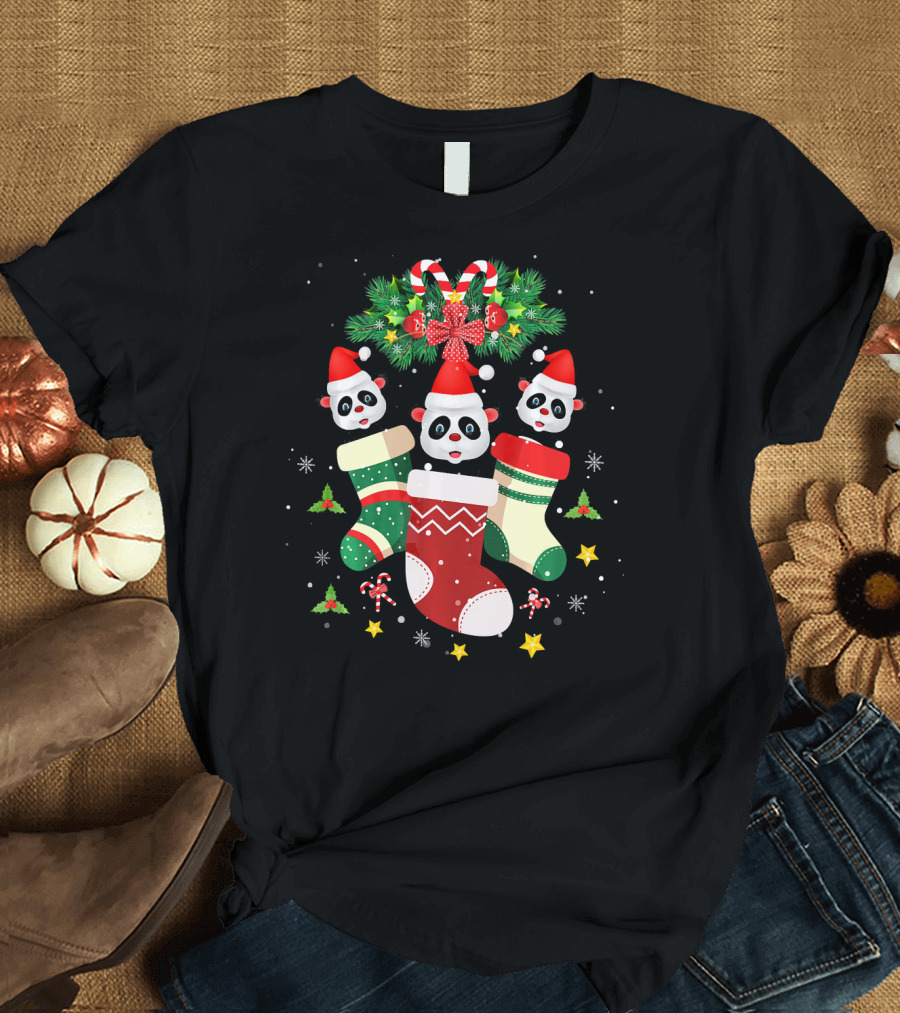 Funny Pandas in Christmas Stockings with Santa Hats and Festive Decorations T-Shirt