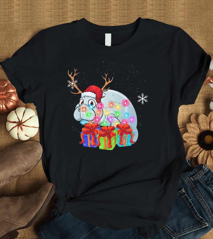 Funny Manatee Xmas Lights Santa Hat Antlers Gifts Snowflake T-Shirt