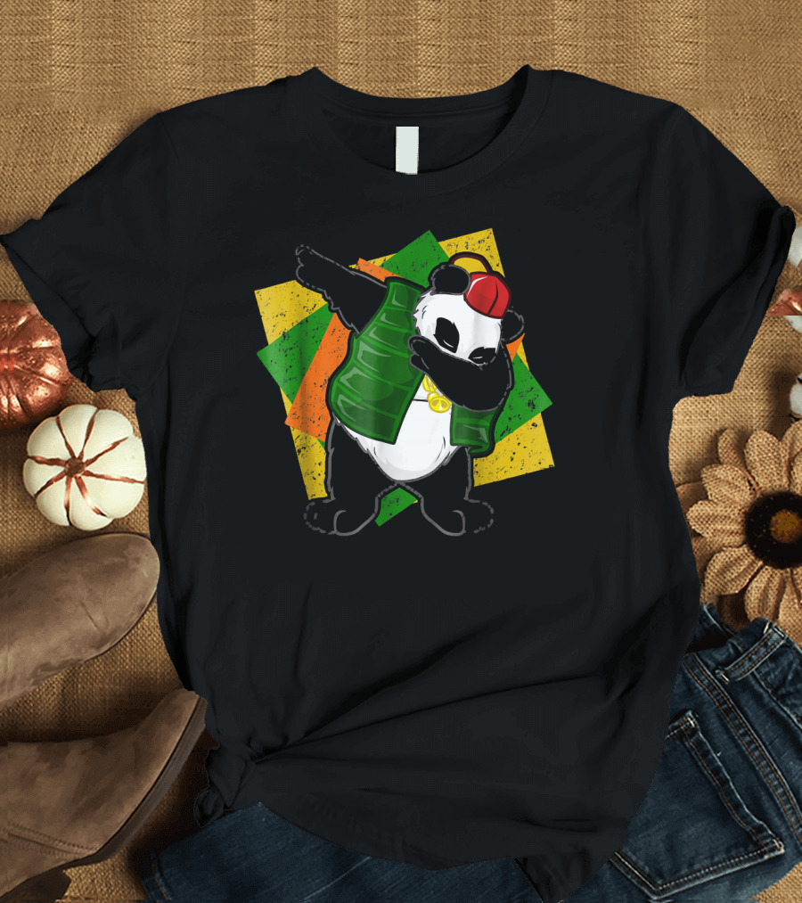 Funky DJ Panda Dab Dabbing Panda with Red Cap and Green Vest T-Shirt