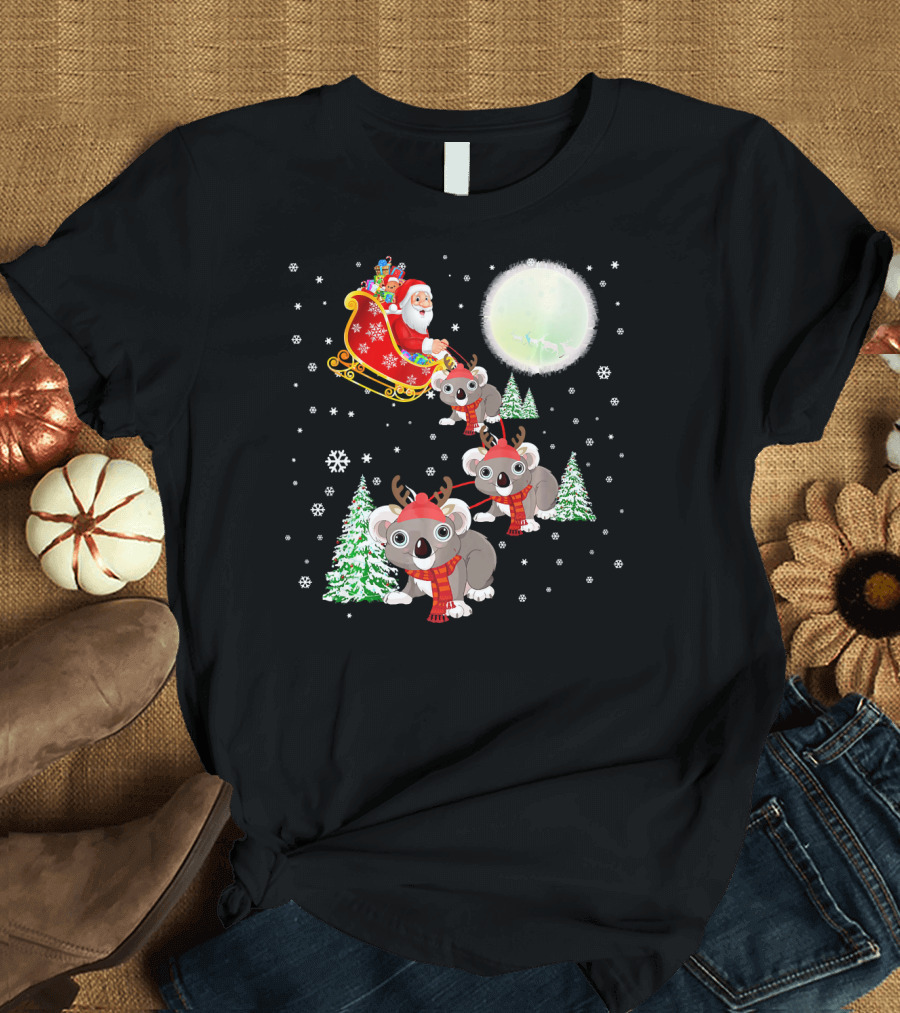 Funny Santa Riding Koala Sleigh Christmas Snowflakes T-Shirt