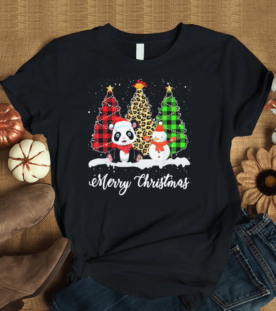 Merry Christmas Panda Bear Snowman Buffalo Plaid Leopard Trees T-Shirt