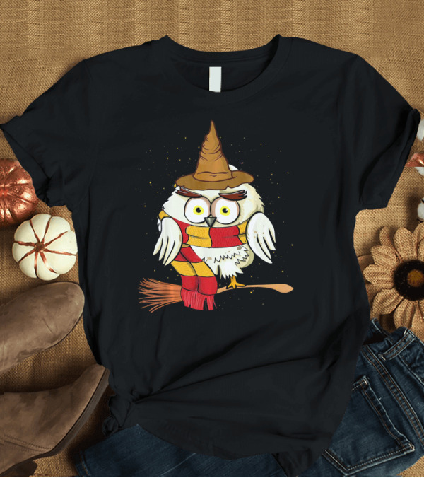 T-Shirt: Funny Cute Owl Harry Magical Wizard Pott Broomstick Scarf Hat T-Shirt Funny Cute Owl Harry Magical Wizard Pott Broomstick Scarf Hat T-Shirt