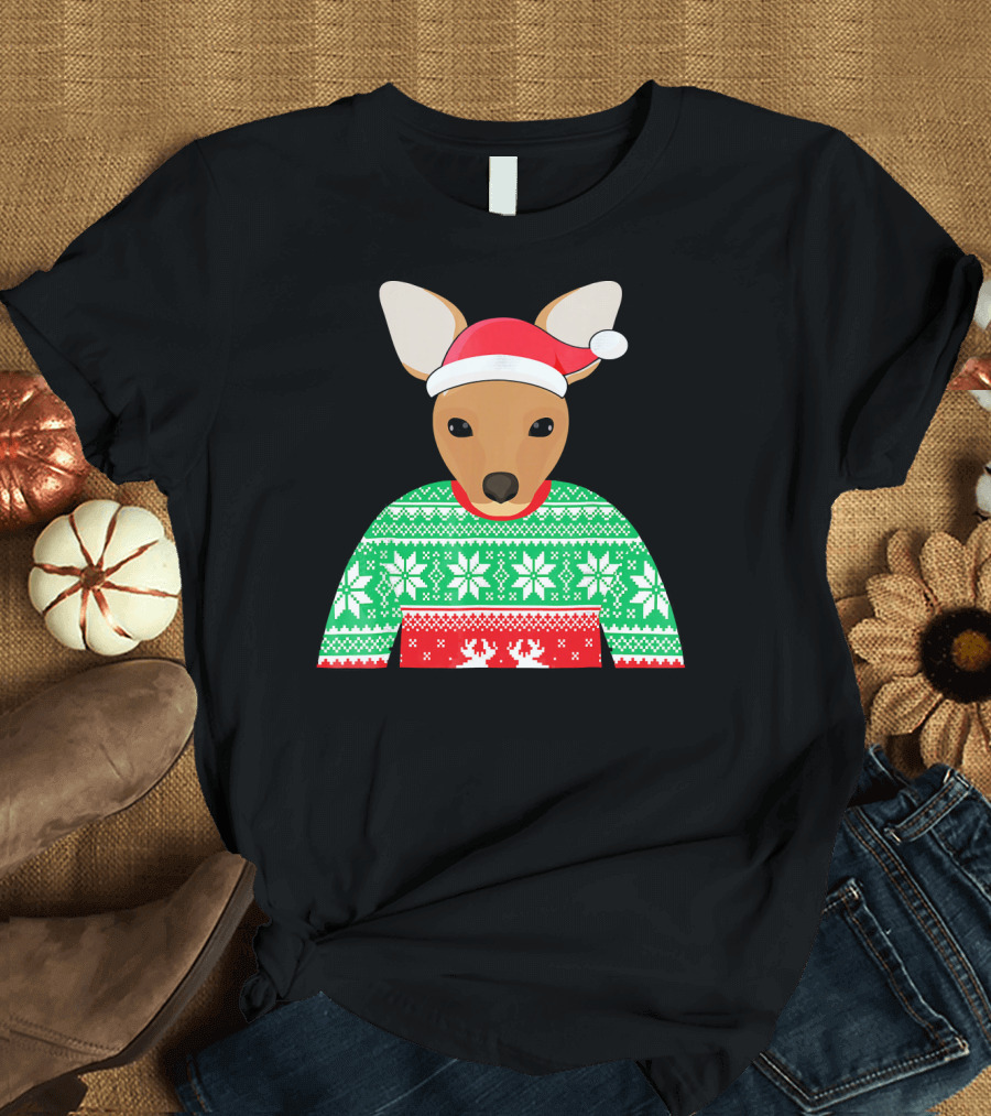 Funny Kangaroo in Christmas Sweater with Santa Hat T-Shirt