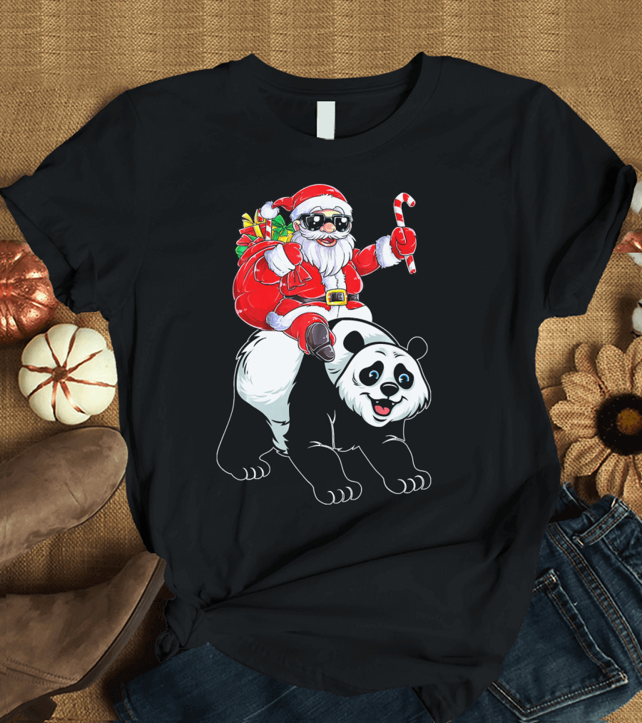 Santa Claus Riding Panda with Candy Cane and Sack of Gifts T-Shirt