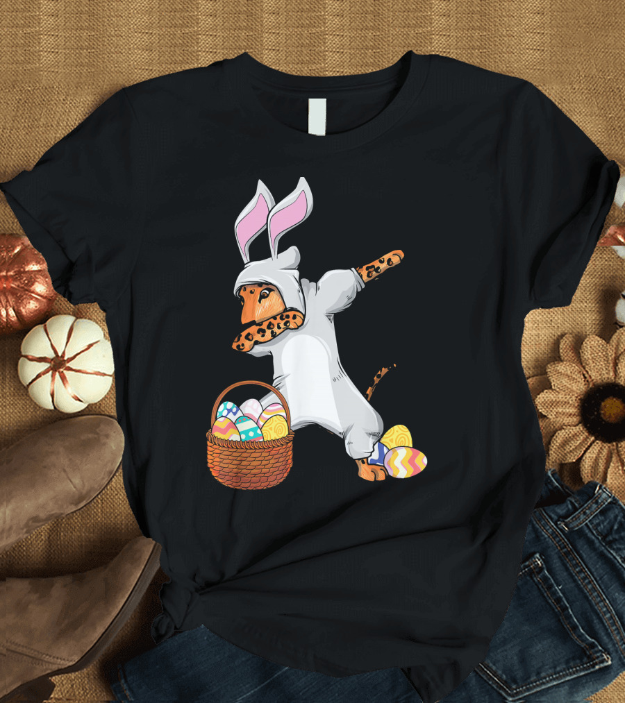 Dabbing Leopard in Easter Bunny Outfit with Basket of Eggs T-Shirt