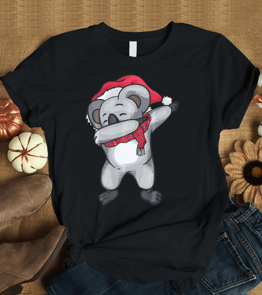Dabbing Koala Christmas Scarf Santa Hat Cute T-Shirt
