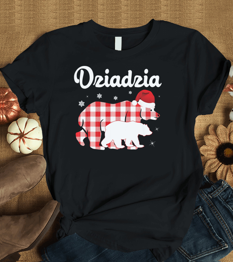 Dziadzia Christmas Polar Bears in Santa Hat Red Plaid Snowflakes T-Shirt