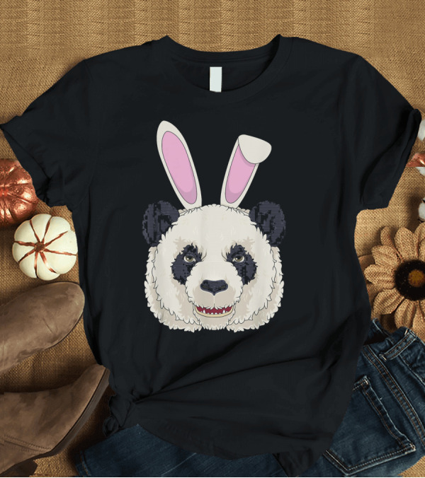 T-Shirt: Funny Easter Bunny Panda Bear Face with Pink Rabbit Ears T-Shirt Funny Easter Bunny Panda Bear Face with Pink Rabbit Ears T-Shirt