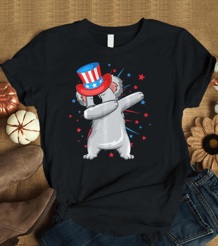 Dabbing Koala with Patriotic USA Hat and Firework Stars T-Shirt
