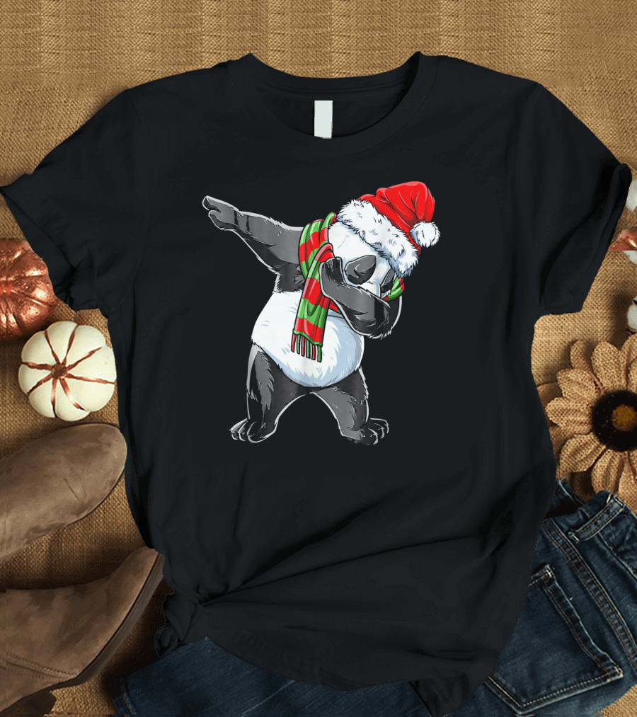 Santa Hat Dabbing Panda with Christmas Scarf T-Shirt