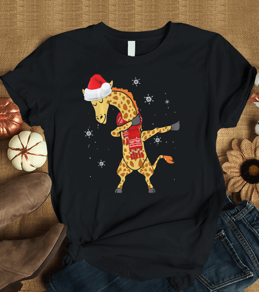 Dabbing Giraffe Santa with Red Scarf Surrounded by Snowflakes T-Shirt