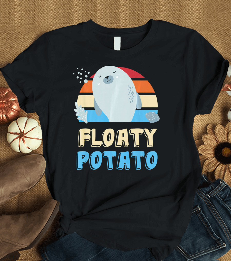 Floaty Potato Cute Funny Manatee Vintage Sunset Ocean Bubbles T-Shirt