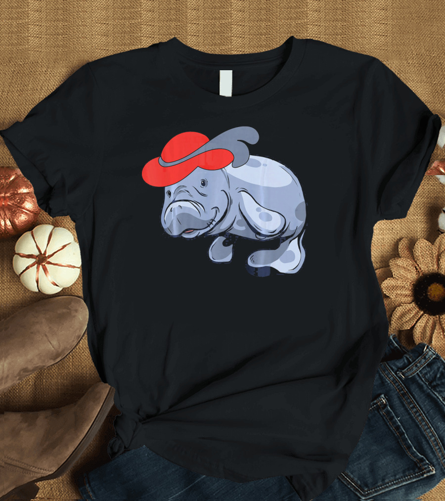 Funny Cute Manatee Sea Cow in Red Hat T-Shirt