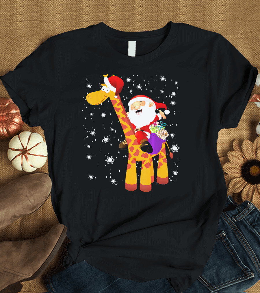 Santa Claus Joyfully Riding Giraffe with Presents and Snowflakes T-Shirt