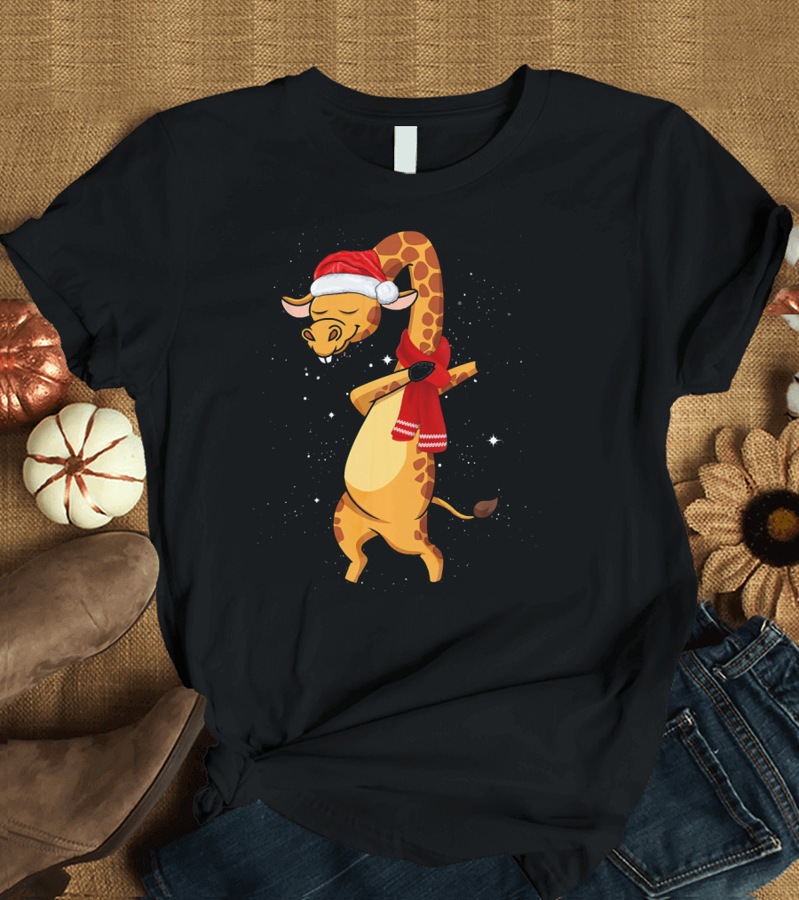 Dabbing Giraffe Santa Christmas Dancing with Red Scarf T-Shirt