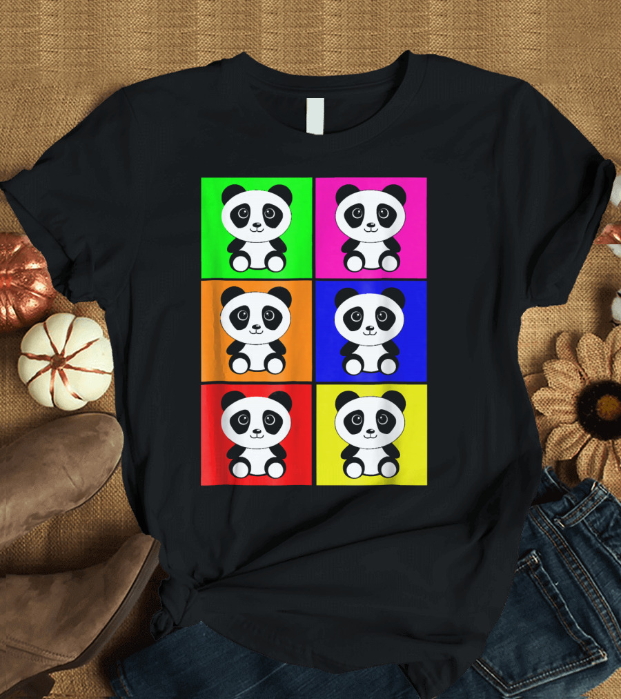 Funny Baby Face Panda Cute Pop Art Style Colorful Grid T-Shirt