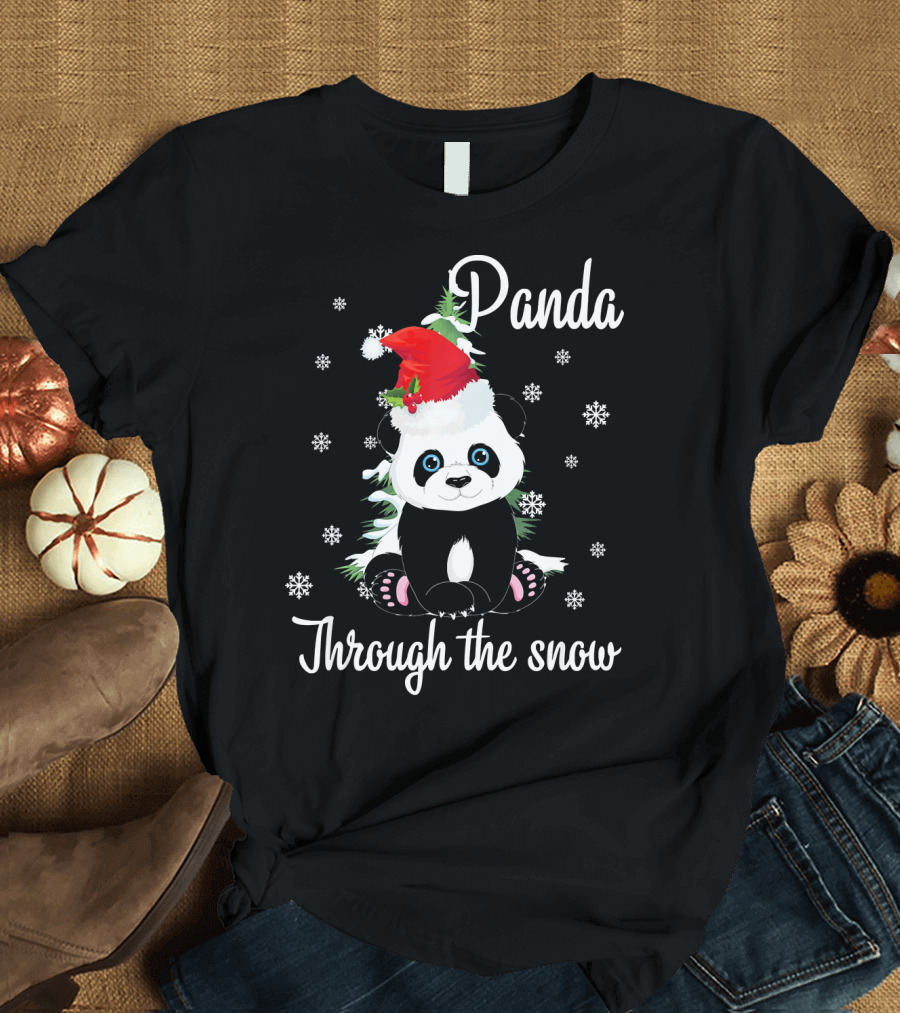 Panda Through The Snow Santa Hat Snowflakes Holiday T-Shirt