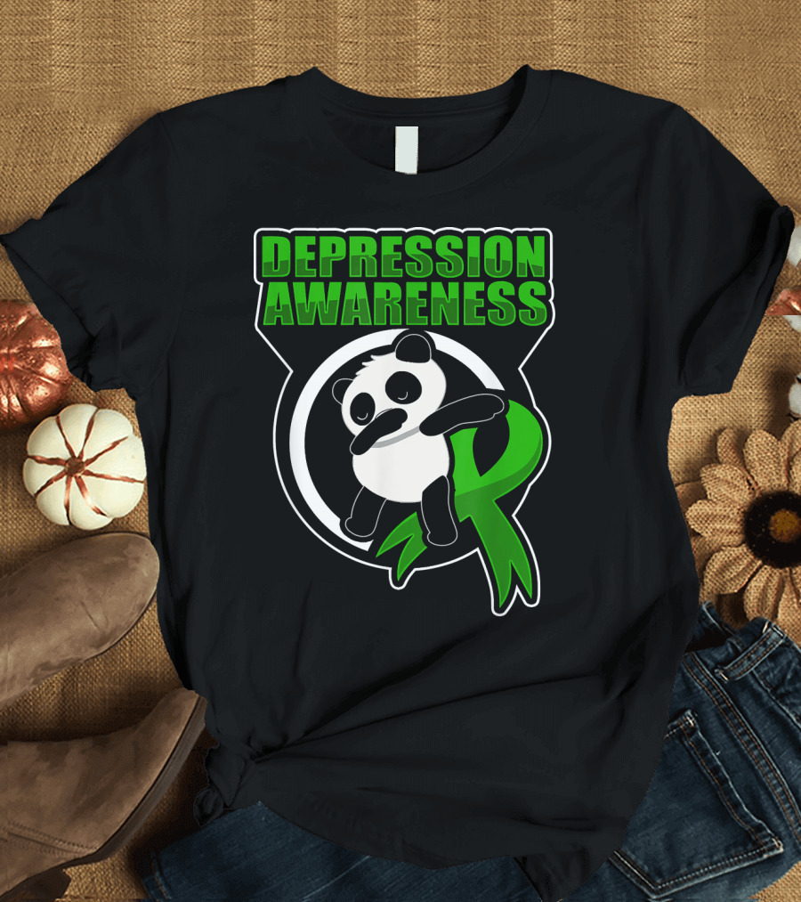 Depression Awareness Mental Health Panda with Green Ribbon T-Shirt