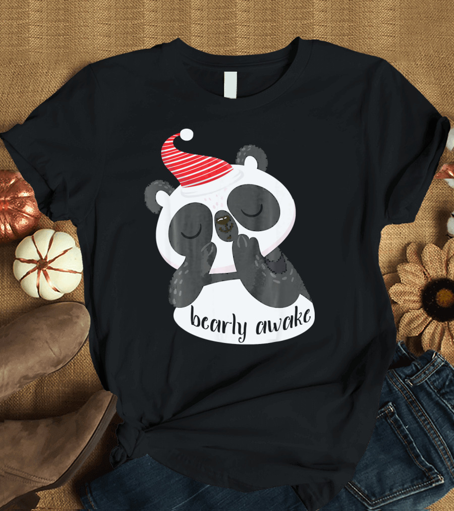 Bearly Awake Panda in Red Striped Sleepy Hat T-Shirt