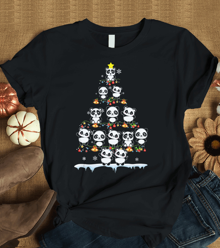 Panda Christmas Tree with Snowflakes and Holiday Lights T-Shirt