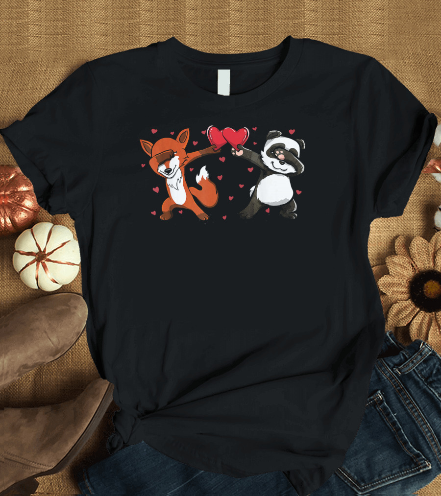 Valentine's Day Dabbing Fox and Panda with Hearts T-Shirt