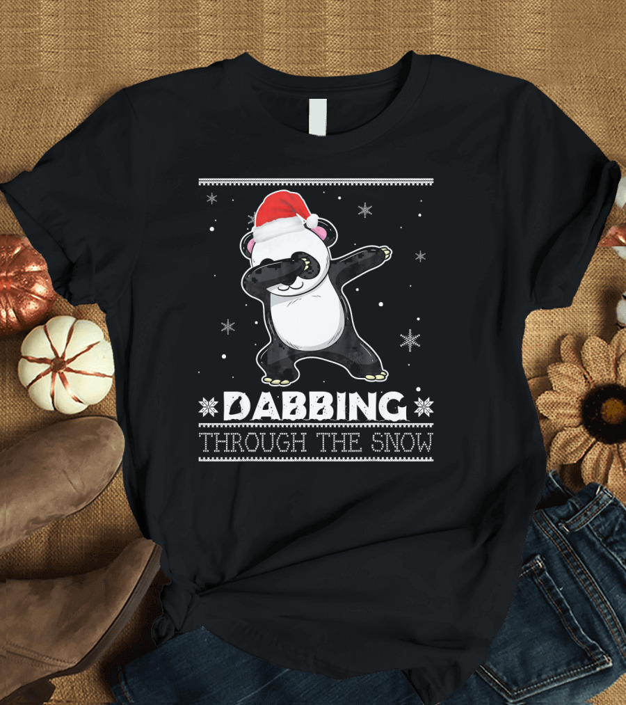 Funny Santa Panda Dabbing Through The Snow T-Shirt