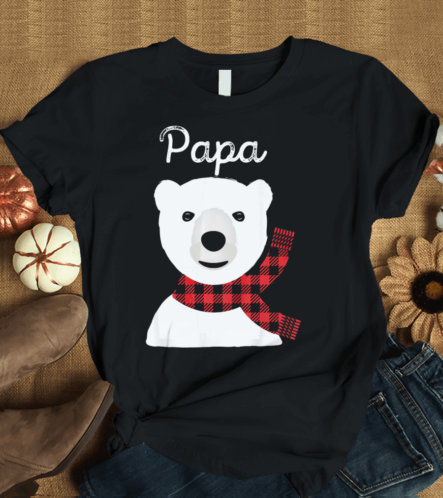 Papa Polar Bear Red Buffalo Plaid Scarf Family Christmas T-Shirt