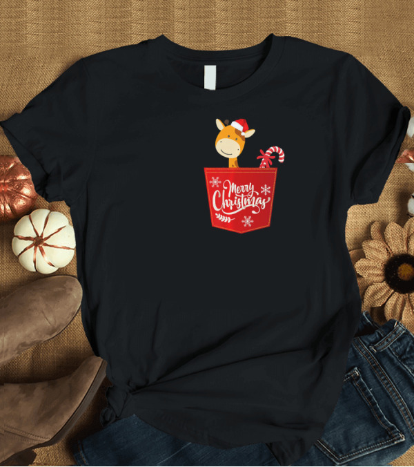 T-Shirt: Merry Christmas Funny Giraffe Pocket with Santa Hat and Candy Cane T-Shirt Merry Christmas Funny Giraffe Pocket with Santa Hat and Candy Cane T-Shirt