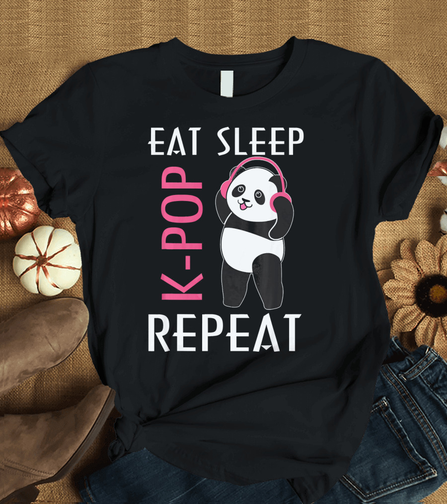 Eat Sleep K-Pop Repeat Cute Panda with Headphones T-Shirt
