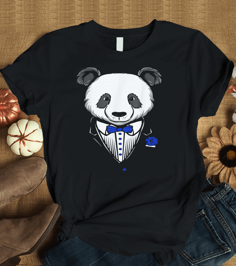 Funny Panda Tuxedo Costume with Blue Bow Tie and Rose T-Shirt