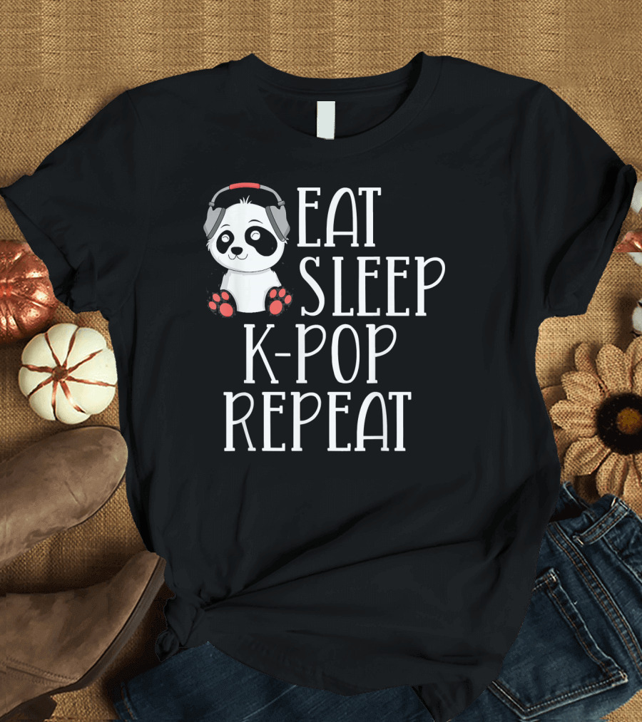 Eat Sleep K-Pop Repeat Cute Panda Headphones T-Shirt
