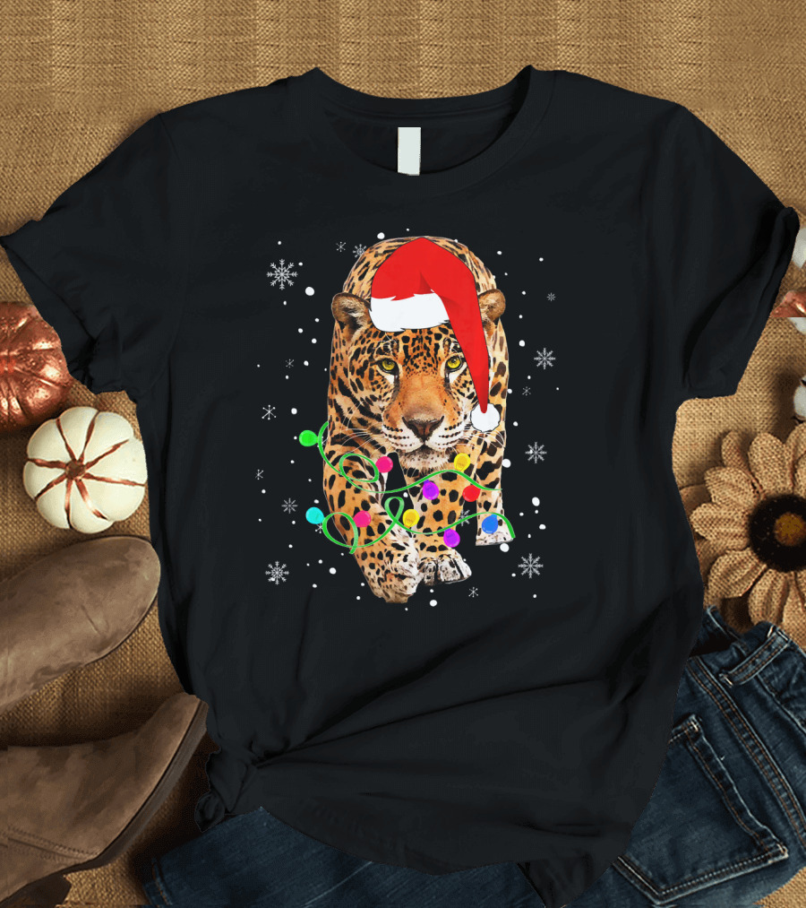 Jaguar in Santa Hat and Christmas Lights with Snowflakes T-Shirt