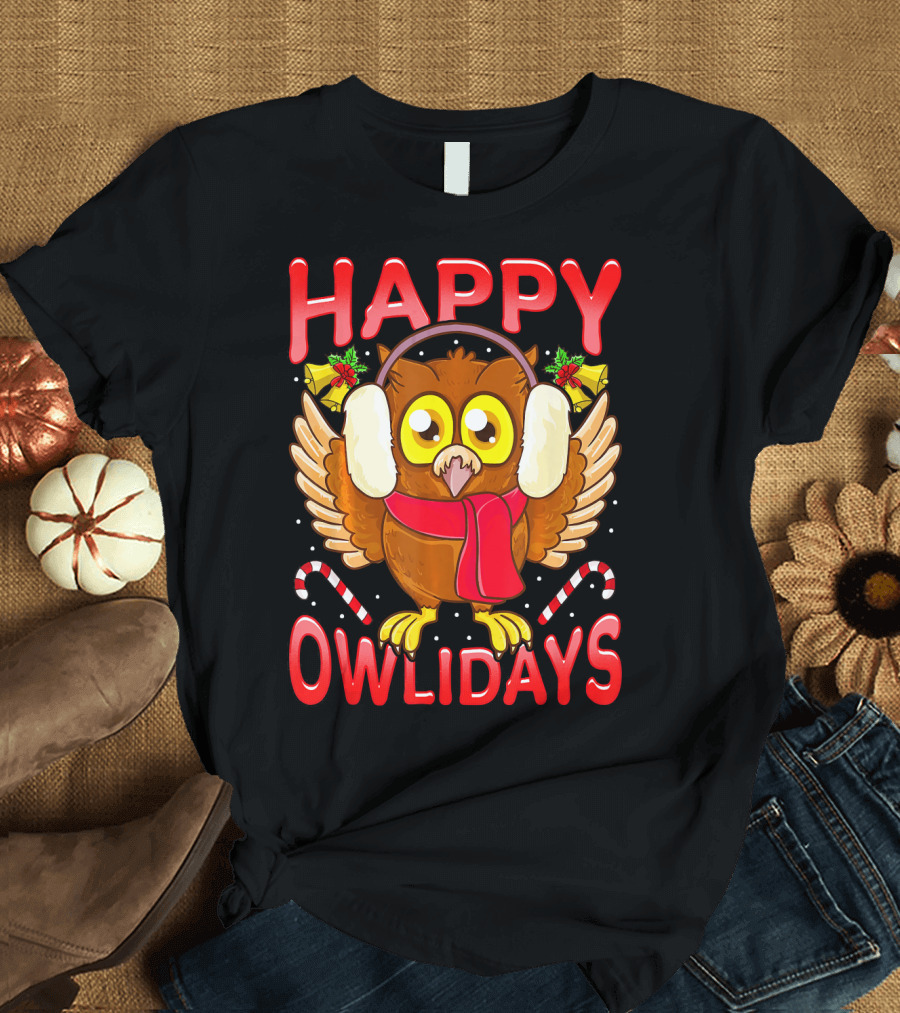 Happy Owlidays Christmas Owl with Candy Canes and Ear Muffs T-Shirt