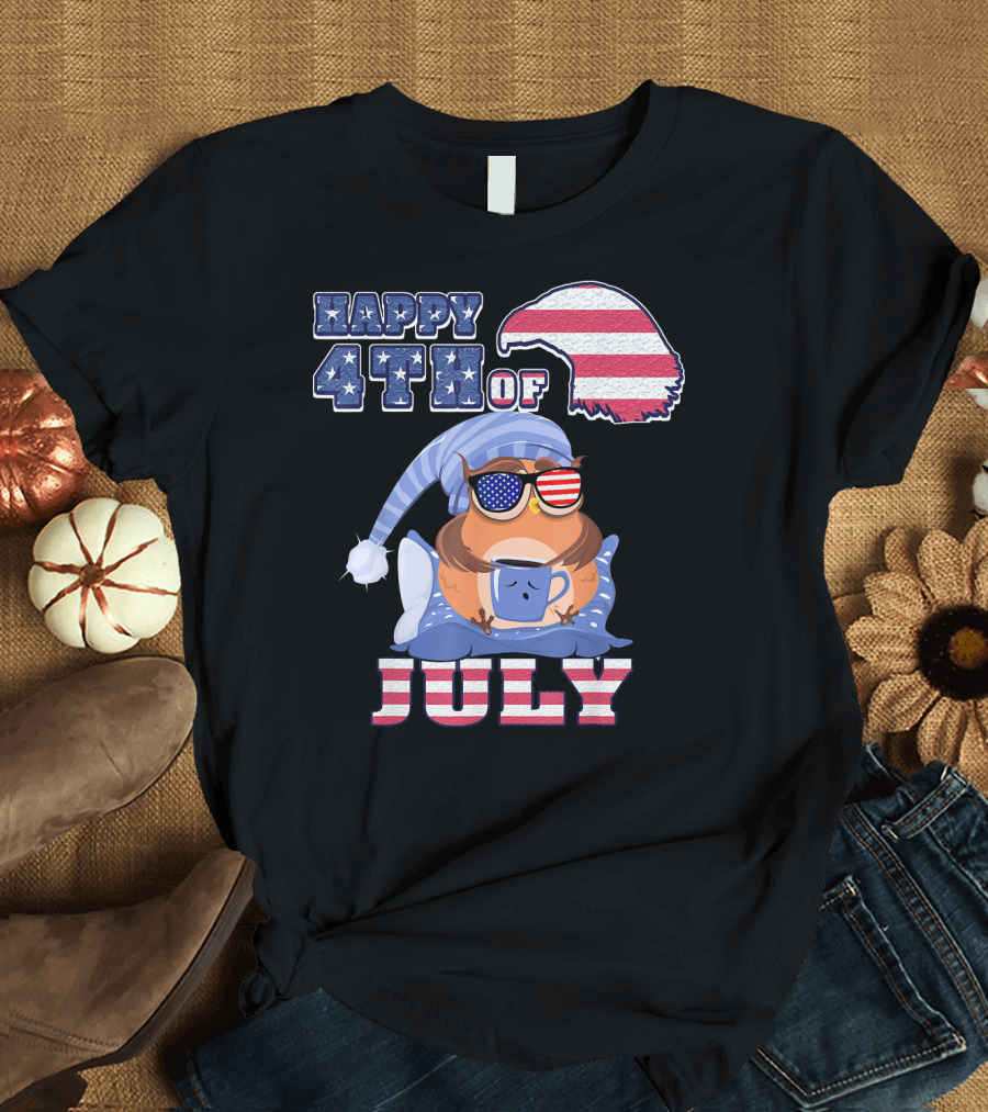 Happy 4th of July Owl with Coffee and Patriotic USA Sunglasses T-Shirt