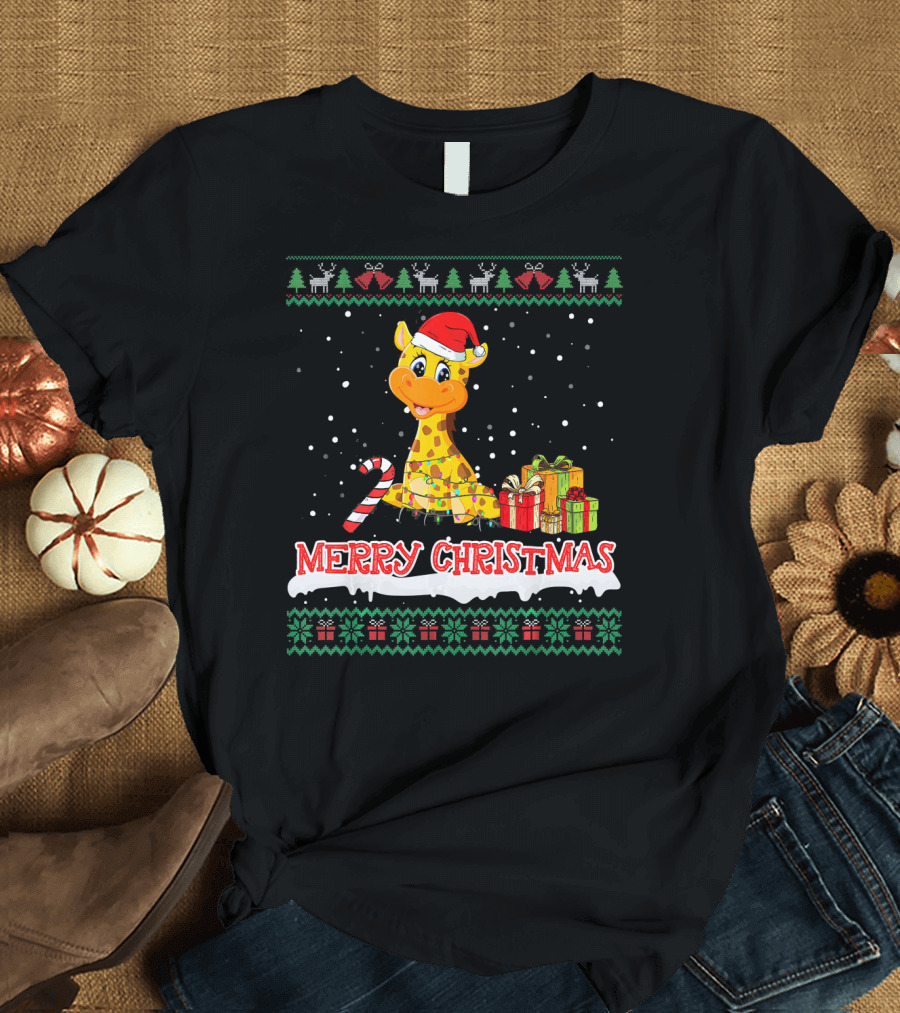 Merry Christmas Giraffe in Santa Hat with Candy Cane and Gifts for Animal Lovers T-Shirt