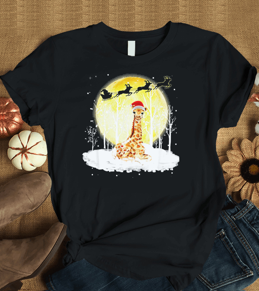 Giraffe Santa Christmas Reindeer Moon Snow Scene T-Shirt