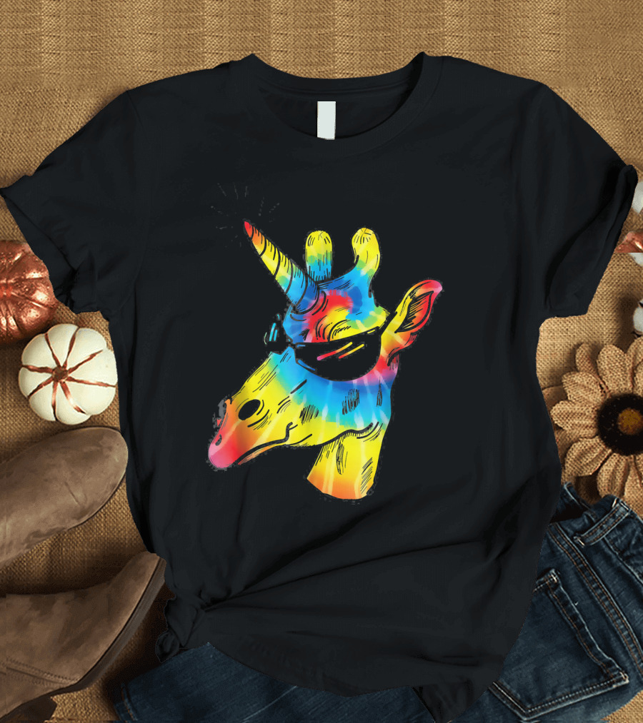 Girrafficorn Tie Dye Giraffe Unicorn Sunglasses Rainbow T-Shirt